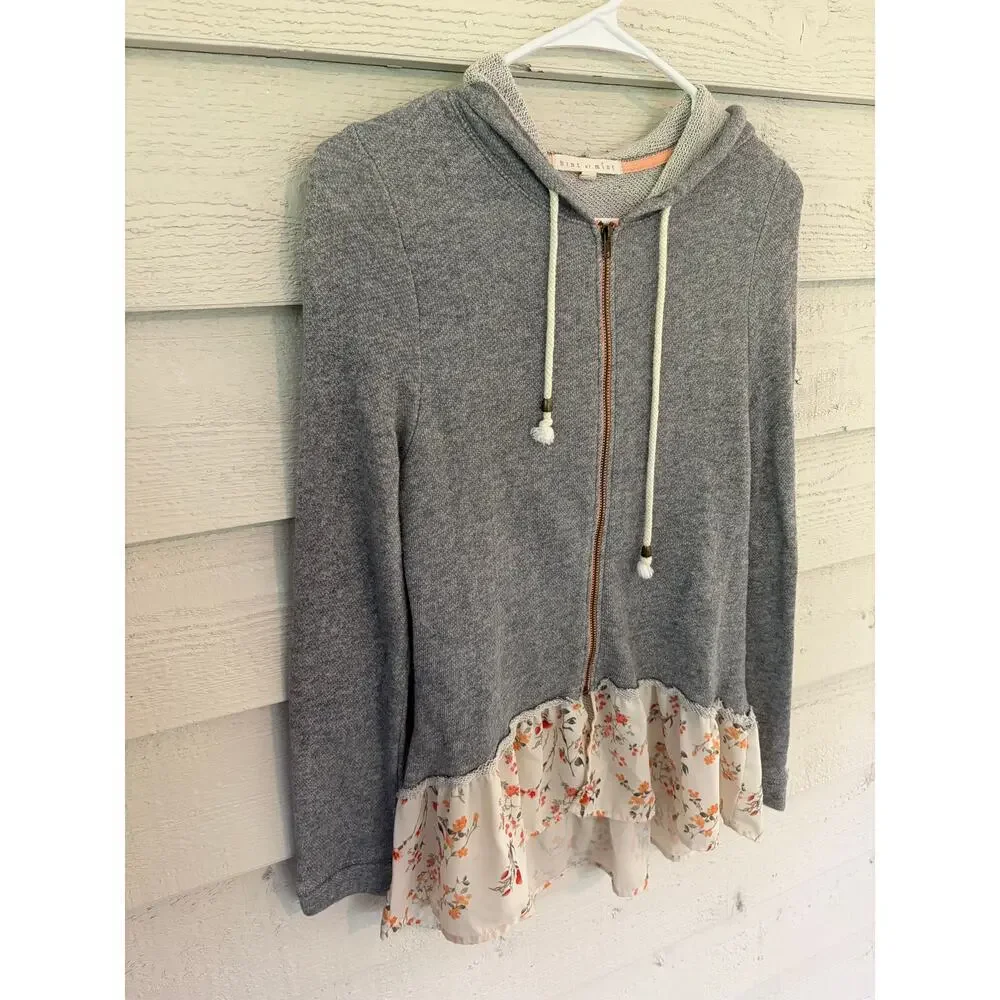Hint of Mint Gray Floral Ruffle Hem Zip Hoodie Women’s Size Small Lightweight - Picture 3 of 8